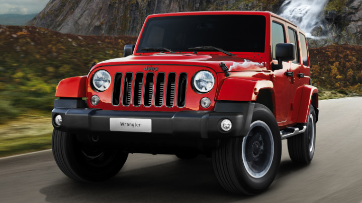 Red Jeep Wrangler Exterior Front Driving
